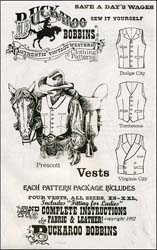 Pattern for Four Vests,
Prescott, Dodge City, Tombstone, or Virginia City styles,
sizes 34-1/2 to 58,
complete instructions